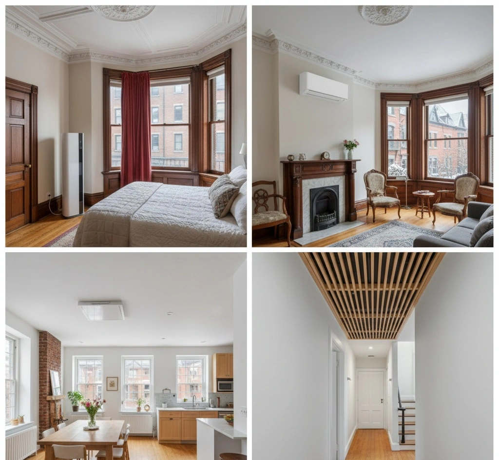 Four photos showing floor unit, wall unit, ceiling cassette, concealed unit - each in appropriate room type