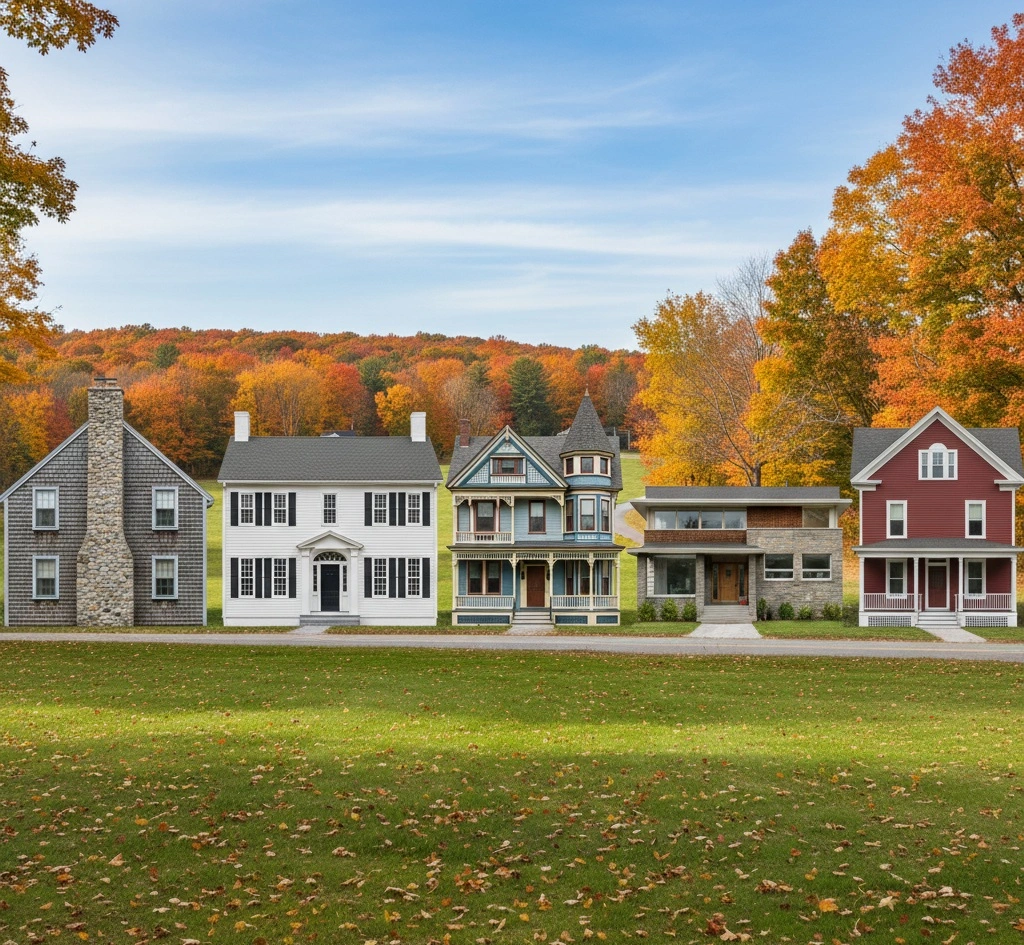Variety of Massachusetts home styles - Victorian, Colonial, Cape, Ranch, Triple-decker